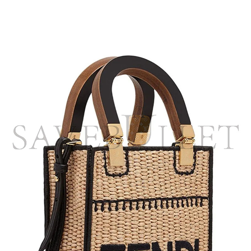FENDI SUNSHINE MINI STRAW & LEATHER TOTE 8BS051AFQPF0VPJ (18*13*6cm)